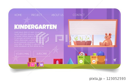 Kindergarten landing page vector design, cartoon nursery school for learning kids and playing games, window and toys 123052593