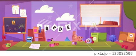 Kindergarten classroom interior with scattered toys, drawings, books and overturned boxes. Kindergarten classroom interior with scattered toys, drawings, books and overturned boxes. 123052599