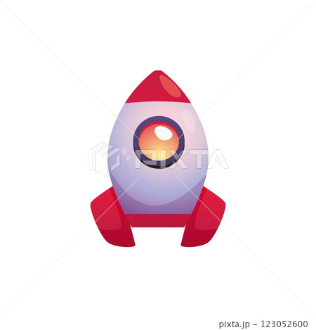 Cartoon flying space rocket or spaceship, vector flat astronomy technology object, childish cosmos shuttle with porthole 123052600