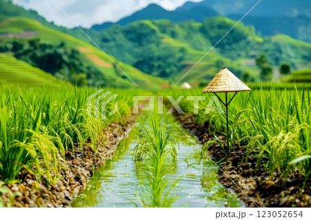 Enjoy the picturesque view of rice fields with Vietnamese hats under the serene sky 123052654