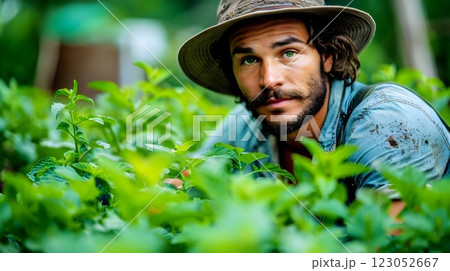 A man is working in a vibrant garden filled with green plants, wearing a widebrimmed hat 123052667