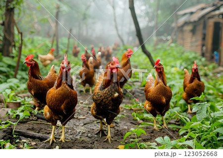 Chickens wandering freely in the lush green pastures help promote sustainable agriculture practices 123052668