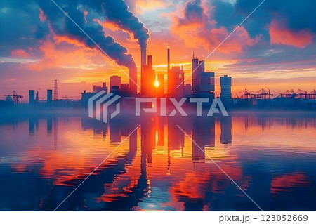 The industrial skyline looks stunning at sunrise, reflecting on the water surface peacefully 123052669