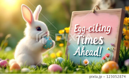 A charming Easter Bunny surrounded by colorful eggs in a beautiful spring meadow scene A charming Easter Bunny surrounded by colorful eggs in a beautiful spring meadow scene 123052874