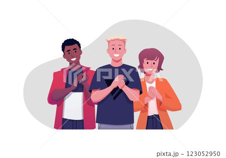 Vector illustration of young men and woman, different ethnicity, applauding. Vector illustration of young men and woman, different ethnicity, applauding. 123052950