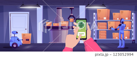 Vector illustration of a man's hands with a phone controlling robots in a manufacturing facility. 123052994