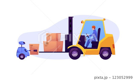 Vector illustration of robot putting boxes on forklift machine with man inside. Vector illustration of robot putting boxes on forklift machine with man inside. 123052999