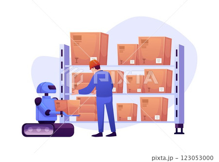 Vector illustration of a robot helping a worker in a hard hat to put boxes on a shelf. Vector illustration of a robot helping a worker in a hard hat to put boxes on a shelf. 123053000