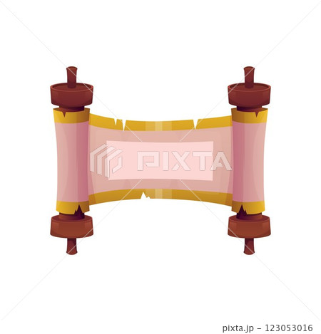 Ancient parchment roll, paper blank scroll on the wooden hub, vector game open manuscript papyrus ripped yellow edges 123053016