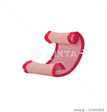 Ancient parchment roll, old paper blank scroll, vector game open convolute antique manuscript, papyrus ripped red edges 123053019