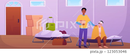 Volunteer help to the victim man with head injury, distribute things in shelter for homeless people vector illustration Volunteer help to the victim man with head injury, distribute things in shelter for homeless people vector illustration 123053046