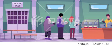 Vector illustration of homeless people standing in a shelter in line for food. Vector illustration of homeless people standing in a shelter in line for food. 123053048