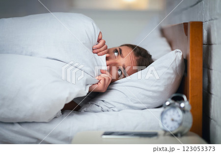 Anxiety And Insomnia. Anxious Girl Lying In Bed Being Afraid Pulling Blanket Over Face At Home At Night. Selecive Focus 123053373