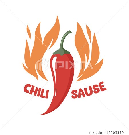 Spicy Chili Pepper With Flames Hot Sauce Logo. Fiery Chili Pepper Illustration For Spicy Food Branding. Chili Pepper Vector Art with Fire for Hot Sauce Label, Icon For Mexican Cuisine 123053504