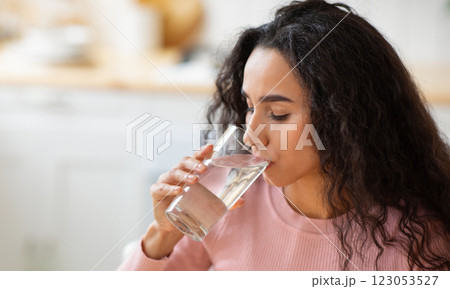 Healthy Liquid. Beautiful Brunette Woman Drinking Mineral Water From Glass In Kitchen, Thirsty Young Lady Enjoying Refreshing Drink At Home, Closeup Portrait With Selective Focus, Free Space 123053527