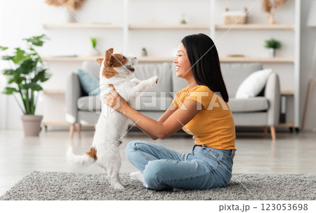 Side view of happy young chinese woman in casual outfit sitting on floor in cozy living room, petting playful jack russel terrier dog, pet and owner spending time together at home, copy space Side view of happy young chinese woman in casual outfit sitting on floor in cozy living room, petting playful jack russel terrier dog, pet and owner spending time together at home, copy space 123053698