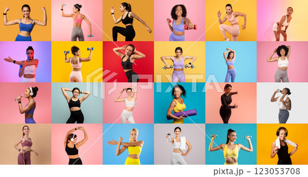 A lively display of women participating in different exercise routines, showcasing their strength and determination. 123053708