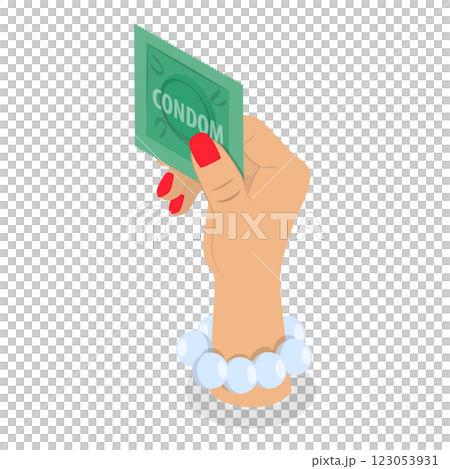 3D Isometric Flat Illustration of Hand with Condom. Item 1 3D Isometric Flat Illustration of Hand with Condom. Item 1 123053931