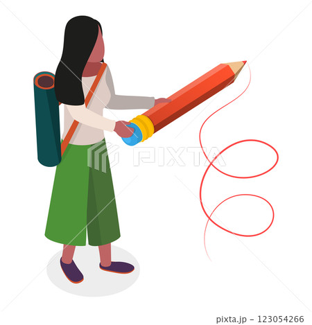 3D Isometric Flat  Set of Students Holding Giant Pencil. Item 2 123054266