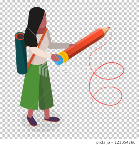 3D Isometric Flat  Set of Students Holding Giant Pencil. Item 2 123054266