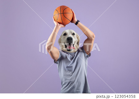 In a playful twist, a person is captured mid-shot while playing basketball, but with a dog's head instead of a human's. The vibrant purple backdrop enhances the whimsical nature of the moment In a playful twist, a person is captured mid-shot while playing basketball, but with a dog's head instead of a human's. The vibrant purple backdrop enhances the whimsical nature of the moment 123054358