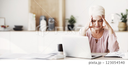 Feeling Tired And Stressed. Senior business woman working on laptop, keeping eyes closed, touching her head, copy space Feeling Tired And Stressed. Senior business woman working on laptop, keeping eyes closed, touching her head, copy space 123054540