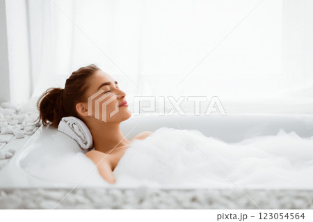 Relax Concept. Woman Enjoying Hot Bath With Foam, Resting After Work Day Relax Concept. Woman Enjoying Hot Bath With Foam, Resting After Work Day 123054564