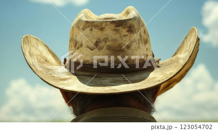 A cowboy stands with his back to the viewer, wearing a weathered hat while gazing at the open landscape beneath a clear sky filled with fluffy clouds. 123054702