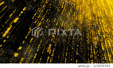Golden binary code falls down a black background, creating a digital rain effect. 123054764