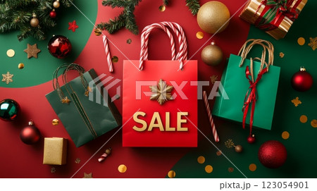 Colorful shopping bags in red and green are stylishly arranged with Christmas ornaments and candy canes. The vibrant background features a festive design, perfect for holiday sales and promotions. 123054901