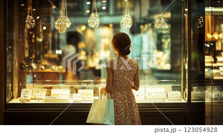 A young woman stands in front of a jewelry store window, captivated by the shimmering pieces on display. The evening light creates a magical ambiance as she holds a shopping bag in her hand. 123054928