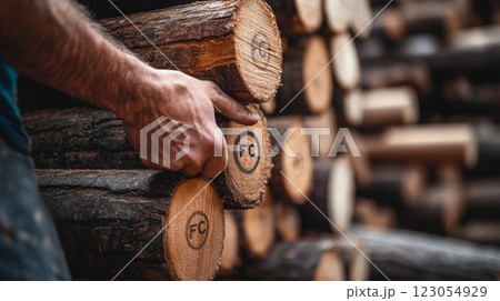 A person carefully organizes wooden logs, focusing on their selection and arrangement at a timber yard. 123054929