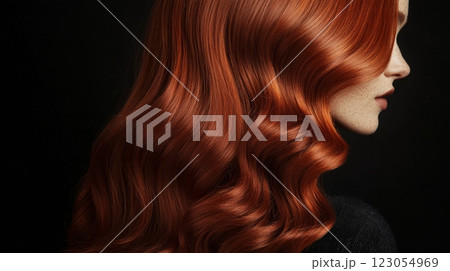 A woman showcases her luscious, long red hair with elegant waves, highlighted against a deep black background. 123054969