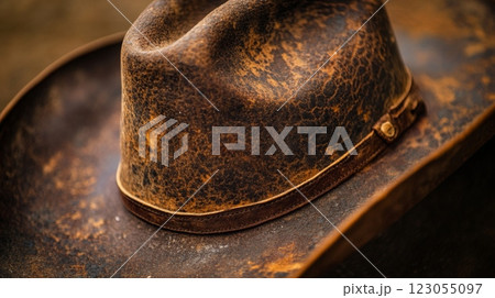 A worn cowboy hat displays rich textures and colors, highlighting its history and character while resting on a rough surface. 123055097