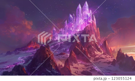 A glowing crystal city sits atop a snow-covered mountain peak, bathed in the light of a purple sunset. A glowing crystal city sits atop a snow-covered mountain peak, bathed in the light of a purple sunset. 123055124