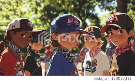 Five children of diverse backgrounds smile while wearing hats and bandanas, gathering in a sunny park setting filled with greenery. 123055312