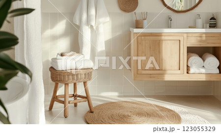 A bright and inviting bathroom showcases a wooden vanity with neatly stacked towels, a woven stool, and a round rug, all bathed in warm sunlight filtering through the window. 123055329