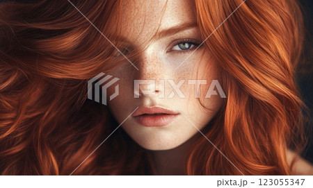 A young woman with stunning red hair showcases her natural beauty and confidence, standing against a dark background. Her freckles complement her expressive eyes, creating a captivating portrait. 123055347