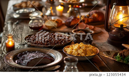 A beautifully arranged table features an array of rich foods, including meats and side dishes, surrounded by warm candlelight. 123055434