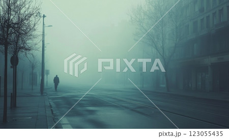 A lone person walks along an empty street shrouded in dense fog, with muted buildings lining the road and a serene atmosphere created by the soft morning light. 123055435