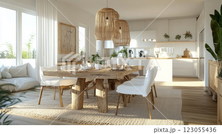 A spacious dining area features a large wooden table surrounded by white chairs. Soft light floods the room through large windows, enhancing the inviting atmosphere with greenery accents. 123055436