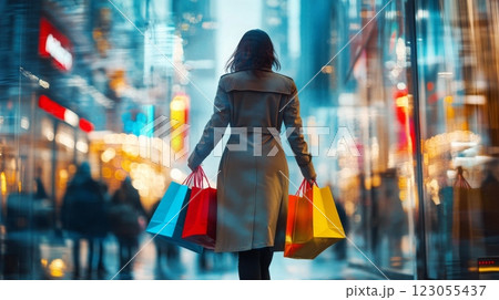 A woman walks confidently down a vibrant city street at twilight, holding bright shopping bags. 123055437