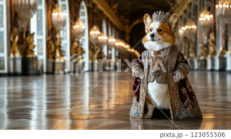 A corgi in elaborate royal clothing poses confidently in a grand palace corridor adorned with opulent decor A corgi in elaborate royal clothing poses confidently in a grand palace corridor adorned with opulent decor 123055506