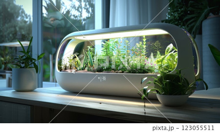 A white, oval-shaped indoor garden with a grow light sits on a wooden table, surrounded by other plants in pots. 123055511