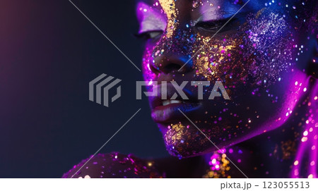 A close-up of a black woman's face covered in purple, gold, and silver glitter. Her face is lit with pink and blue light. 123055513