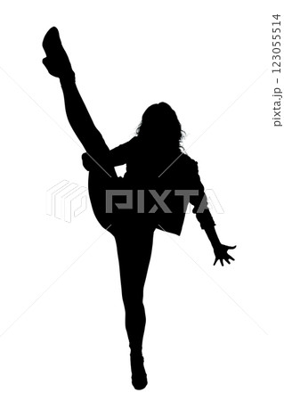 This image depicts the silhouette of a woman performing a split This image depicts the silhouette of a woman performing a split 123055514