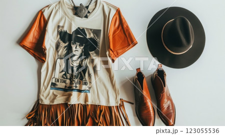 A stylish western outfit featuring a fringe shirt, cowboy hat, and leather boots is laid out on a flat surface, showcasing a blend of rustic fashion elements. 123055536