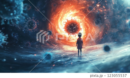 A young child observes a mesmerizing vortex filled with vivid colors and floating particles, evoking a sense of wonder in a fantastical cosmic scenery. 123055537