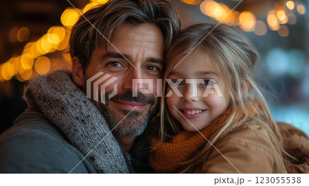 A smiling man holds a young girl close, both radiating happiness. The backdrop features softly glowing holiday lights, creating a festive atmosphere. 123055538
