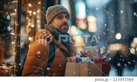 A man carrying wrapped gifts stands outside a festive shop while snowflakes fall gently around him. The city streets are alive with colorful lights, capturing the spirit of the holiday season. A man carrying wrapped gifts stands outside a festive shop while snowflakes fall gently around him. The city streets are alive with colorful lights, capturing the spirit of the holiday season. 123055569